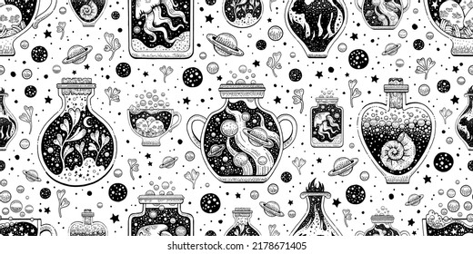 Halloween seamless pattern. Potion alchemy symbol. Magic elixir bottle and flask with cat, galaxy, shell. Occult witchcraft mystic sketch. Celestial esoteric black print with witch, pharmacy element