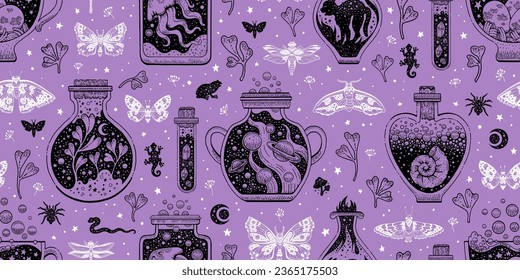 Halloween seamless pattern. Potion alchemy symbol. Magic elixir bottle and flask with moth, butterfly, shell. Occult witchcraft mystic sketch. Celestial esoteric black print. Witch pharmacy elements