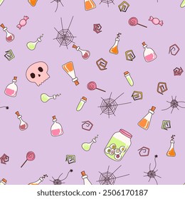 Halloween seamless pattern with potion bottles, pink skull and cobweb. The highlight is a jar with eyes. But everything is not as scary as in the description - the objects are funny and located on a