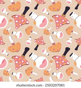 halloween seamless pattern with potion and mushrooms