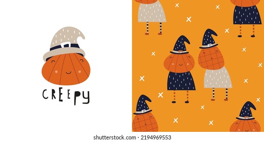 Halloween seamless pattern and print with symbols of Halloween – Funny Holiday Pumpkin. Greeting card and wrapping paper set. T-shirt print and kids fabric design. Vector illustration