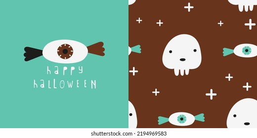 Halloween seamless pattern and print with symbols of Halloween – Skull, Eye candy. Greeting card and wrapping paper set. T-shirt print and kids fabric design. Vector illustration