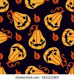 Halloween seamless pattern with pumpkin and autumn leaves. Endless texture for wallpaper, web page background, wrapping paper. Vector illustration.