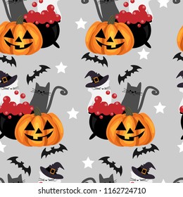 Halloween seamless pattern with Halloween pumpkin, bat, cat with witches hat and witch's cauldron.