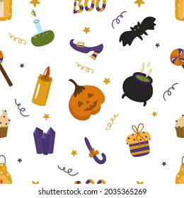 Patrón de Halloween sin fisuras con calabaza, murciélago, boo, cristales, caramelos en un fondo blanco. Ilustración vectorial para una fiesta, impresión en papel, tela, embalaje, banner, afiche, postal.