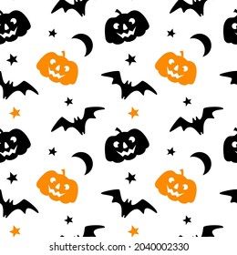 Halloween seamless pattern with pumpkin, bat, moon, star isolated on white background. Vector flat illustration. Design for Halloween backdrop, textile, wrapping, wallpaper