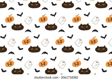Halloween seamless pattern,  pumpkin, bat, black cat.