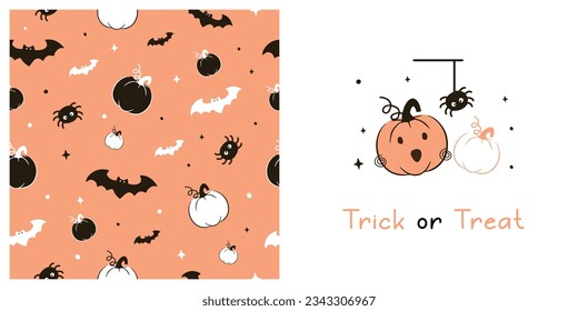 Halloween seamless pattern with pumpkin, bat and spider. With text " Trick or Treat ". Vector illustration. Design for print, fabric, wallpaper, textile, wrapping, poster
