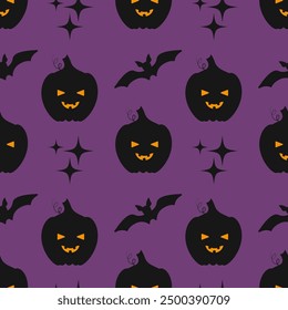 Halloween seamless pattern with pumpkin, bat and stars. Vector illustration.