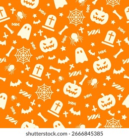 Halloween seamless pattern with pumpkin bat ghost spiders and spider web orange background. design for textiles, postcards, gift wrapping paper, wallpaper. Vector illustration