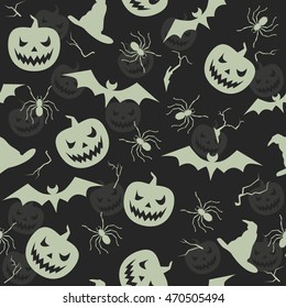Halloween seamless pattern with pumpkin and bat. Vector black background