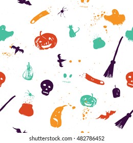 Halloween seamless pattern with pumpkin, bat and skull. on white background. Can be used for wrapping paper, banners, textile, greeting cards and party invitations