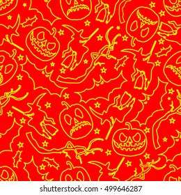 Halloween seamless pattern with pumpkin, bat and witch