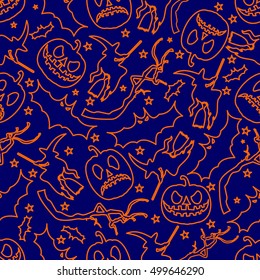 Halloween seamless pattern with pumpkin, bat and witch