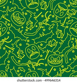 Halloween seamless pattern with pumpkin, bat and witch