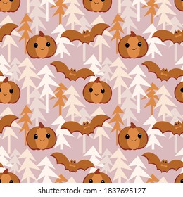 Halloween Seamless Pattern with Pumpkin and Bats. Halloween Background with Pumpkin and Bats. Colored Vector Patterns in Flat style.