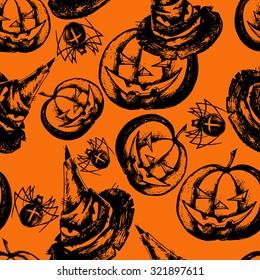 Halloween seamless pattern with pumpkin, black cat, hat and spider, hand drawn vector illustration in sketch style