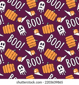 Halloween seamless pattern with pumpkin, boo ghost and full moon. Spooky fun vector illustration for wrapping paper, fabric print, backgrounds. Cute isolated autumn cartoon. Colorful line art