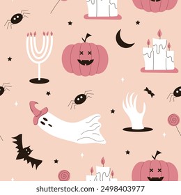 Patrón sin fisuras de Halloween. Calabaza, velas, fantasma, caldero, araña. Ilustración vectorial