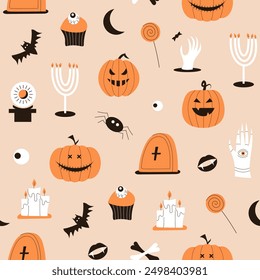 Halloween seamless pattern. Pumpkin, candles, coffin, cauldron, spider, eye, hand. Vector illustration