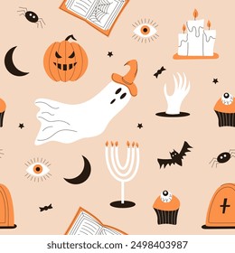 Halloween seamless pattern. Pumpkin, candles, ghost, cauldron, spider, eye. Vector illustration