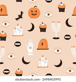 Halloween seamless pattern. Pumpkin, candles, coffin, cauldron, eye, hand. Vector illustration