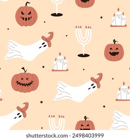 Halloween seamless pattern. Pumpkin, candles, ghost. Vector illustration
