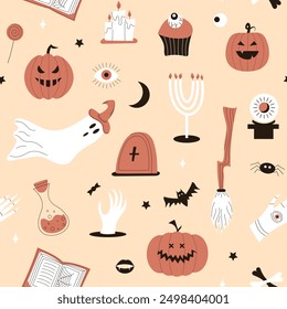 Patrón sin fisuras de Halloween. Calabaza, velas, fantasma, caldero, araña, ojo, escoba, libro, poción, mano. Ilustración vectorial