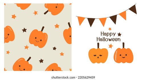 Halloween seamless pattern with pumpkin cartoons and stars on green background vector illustration. Halloween flag and pumpkin cartoons vector.