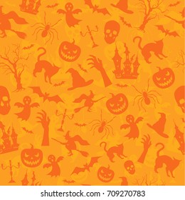 Halloween seamless pattern with pumpkin, castle, skull, ghost, tree, cat, zombie hand, hat and spider. Orange background or seamless texture.