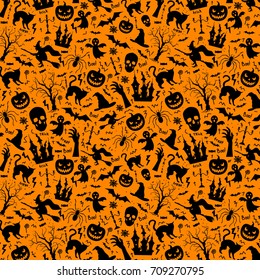 Halloween seamless pattern with pumpkin, castle, skull, ghost, tree, cat, zombie hand, hat and spider. Orange background or seamless texture.