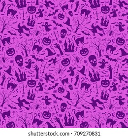 Halloween seamless pattern with pumpkin, castle, skull, ghost, tree, cat, zombie hand, hat and spider. Purple background or seamless texture.