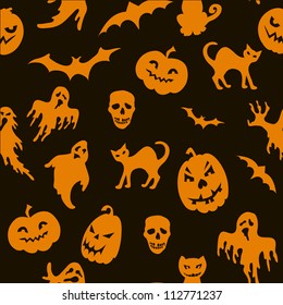 Halloween seamless pattern with pumpkin, cat, ghost ,bat