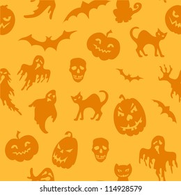 Patrón ininterrumpido de Halloween con calabaza, gato, fantasma, murciélago