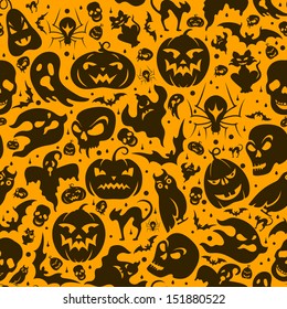 Halloween seamless pattern with pumpkin, cat, bat, ghost, skull, etc