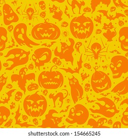 Halloween seamless pattern with pumpkin, cat, bat, ghost, skull, etc