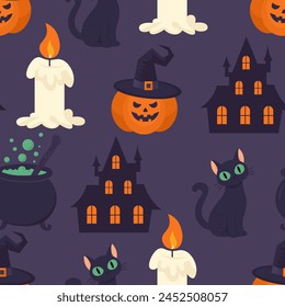 Halloween seamless pattern. Pumpkin, cat, candle, castle. Vector illustration