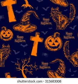Halloween seamless pattern with pumpkin, cat, bat, tree, witch hat, headstone ets.