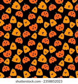 Halloween seamless pattern with pumpkin in dark background. Halloween greeting cards. 