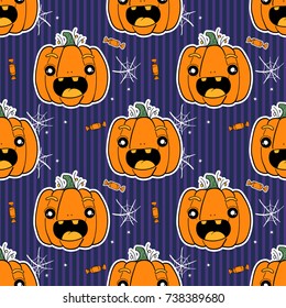Halloween seamless pattern with pumpkin  emotions character and cobweb