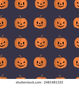 Patrón sin fisuras de Halloween. Cara de calabaza sobre un fondo púrpura oscuro. Ilustración vectorial para envolver papel, tela, cubierta