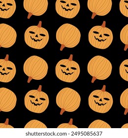 Halloween seamless pattern. Pumpkin with a face on a black background. Vector illustration for fabric, packaging, background, card, case, cover
