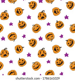 Halloween seamless pattern with pumpkin faces. With stylish hand drawn cartoon characters and elements. Doodle style vector pattern with pumpkins.