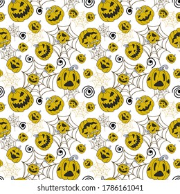 Halloween seamless pattern with pumpkin faces and spiderweb. With stylish hand drawn cartoon characters and elements. Doodle style vector pattern with pumpkins.