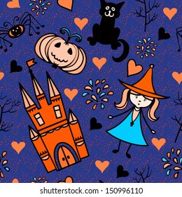 Halloween seamless pattern with pumpkin, fairy, fireworks, lock, heart, spider, trees - vector