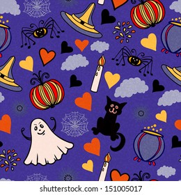 Halloween seamless pattern with pumpkin, fireworks, hearts, spiders, clouds, spiderweb, ghosts, cauldron, candles, cats- vector