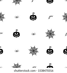 Halloween seamless pattern with pumpkin. Flat cartoon Vector black icon on white background.