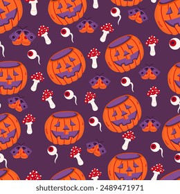 Halloween seamless pattern with pumpkin, fly agaric, eye and moth. Suitable for designing textile fabrics, wrapping paper, website wallpaper, textiles, wallpaper and clothing.