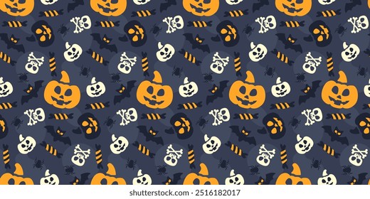 Halloween seamless pattern. Pumpkin, flying bat, spider and candy on dark blue background. Vector background