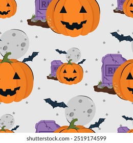 Halloween padrão sem emenda com abóbora, lua cheia, morcego e grave RIP. Fundo de vetor para design têxtil ou fundo. Conceito de feriado de Halloween